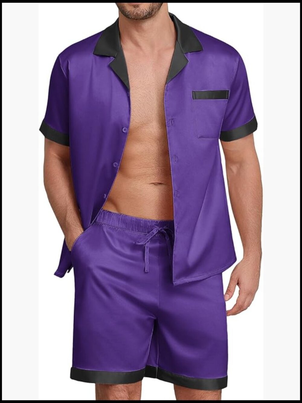 Silk Blend Satin Pajamas Set with Pockets Short Sleeve Sleepwear